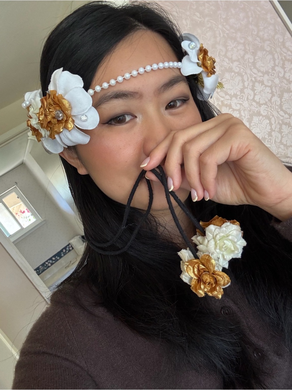 Custom Made Floral Pearl Headband with Gold & White Fabric Flowers